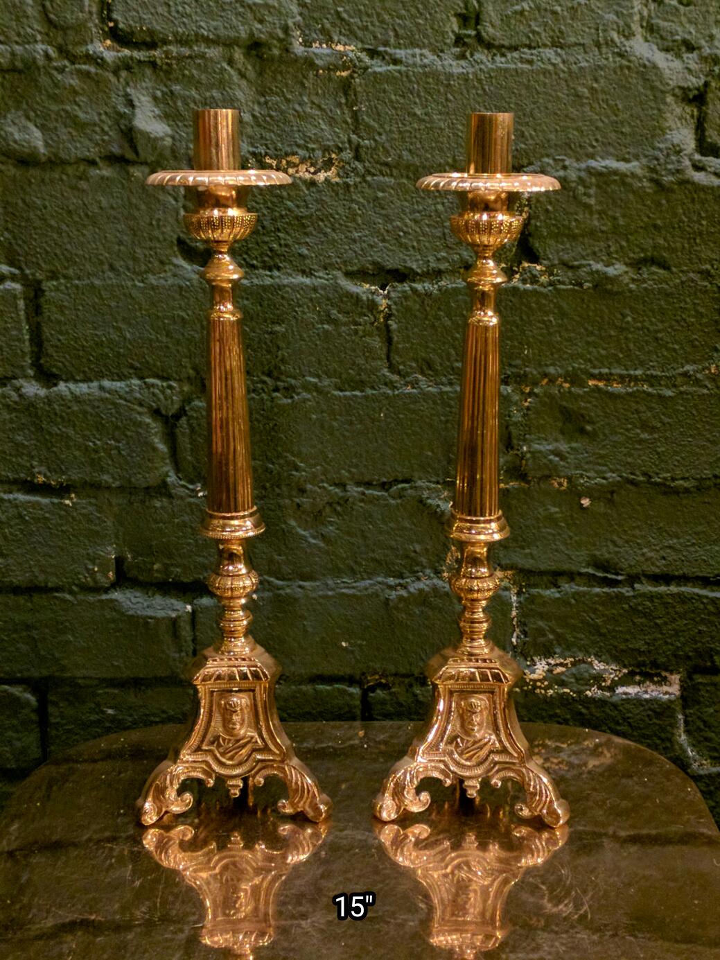 Large Pair of Brass and Blackened Wood Church Altar Candlesticks Candle  Holders For Sale at 1stDibs